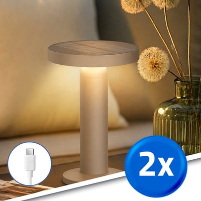 Tafellamp oplaadbaar ‘Vivro’ - Voordeelset van 2 stuks - Zandkleur - USB-C oplaadbaar - Werkt ook op zonne-energie - Warm wit licht 3000K - Tafellamp voor binnen én buiten - Solar tuinverlichting