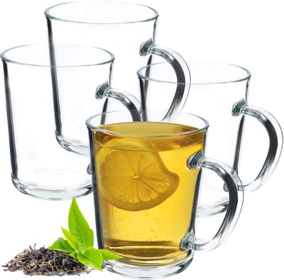 KADAX Doorzichtige glazen beker met handvat, vaatwasmachinebestendige drinkglazen met handvat, koffieglazen van glas, theeglazen, waterglazen, glazen kopjes voor heet (4 x 410 ml)