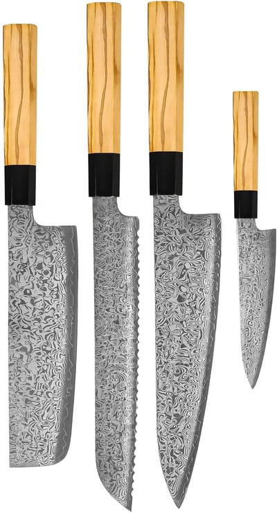 Shinrai Knives - Takumi Kaza 4-delige Damascus Messenset - Koksmes + Broodmes + Nakiri + Schilmes