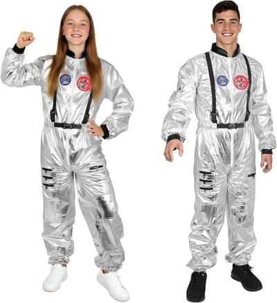 Astronauten kostuum voor volwassenen - zilveren ruimtepak met zakken voor Halloween en carnaval, ideaal voor cosplay en feestjes
