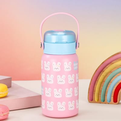 Tasse à eau mignonne à poignée en silicone imprimée en 3D, tasse à vide en acier inoxydable, tasse à double boisson portable pour l'extérieur 500ml