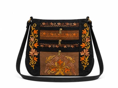 N3 Collecties Suede Geborduurde Handgemaakt Crossbody tas met Rits - Zwart