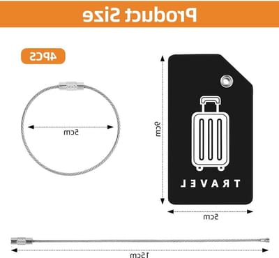 Siliconen Bagagetags Set van 4 met RVS Koorden voor Persoonlijke Informatie, Ideaal voor Reizen met Koffers en Rugzakken (Zwart)