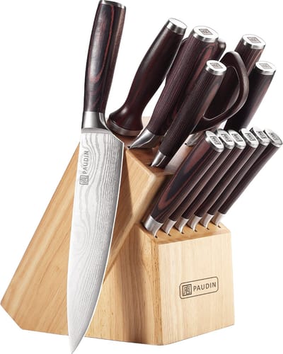 PAUDIN NT1 Professionele Messenset - 14-Delig - Messenblok - Incl Koksmes, Broodmes, Vleesmes, Keukenschaar, Aanzetstaal, Officemes, Groentemes, 6 Steakmessen - Damascus Patroon