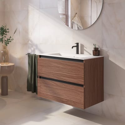 Saqu Gaia badmeubel incl. glans witte keramische wastafel 80x51x61cm noten urban – zwarte greeplijst