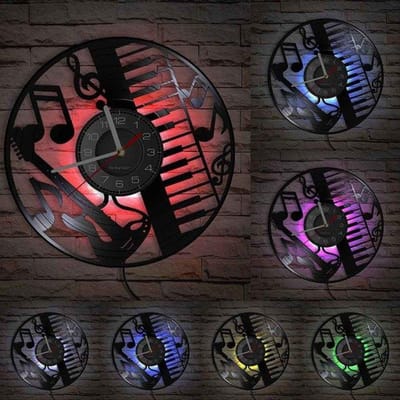 Notities Piano Muziekinstrument Vinyl Schijf Wandklok G-sleutel Wandhorloge Vintage Retro Muziek Geïnspireerd Cadeau Voor Pianoist