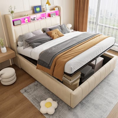 Wishdor Gestoffeerd Bed 140x200 cm – Hydraulisch Hefmechanisme – Opberghoofdbord met USB/Type-C – LED – Linnen – Beige