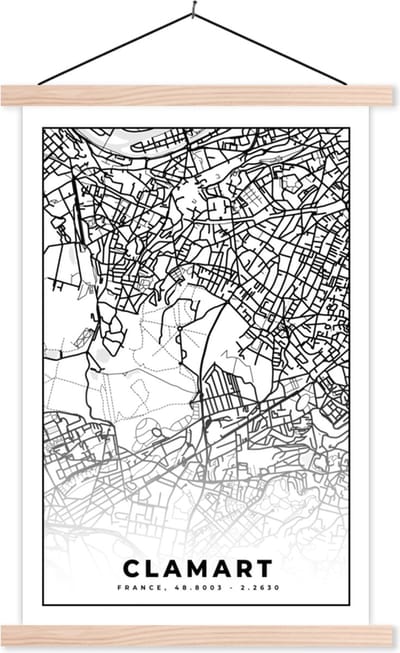 Posterhanger incl. Poster 40x60 cm - Schoolplaat - Frankrijk - Clamart - Plattegrond - Stadskaart - Kaart - Zwart wit - Textielposter - Blanke latten - Stadskaart