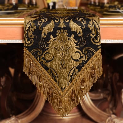 Tafelloper met Kwastjes, Dubbellaags Damast Tafelkleed voor Eettafel/ Eetkamer/ Restaurant/ Festivaldecoratie (33x274 cm, Zwart)