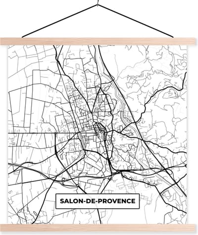 Posterhanger incl. Poster 40x40 cm - Schoolplaat - Frankrijk - Plattegrond - Stadskaart - Kaart - Salon-de-Provence - Zwart wit - Textielposter - Blanke latten - Stadskaart