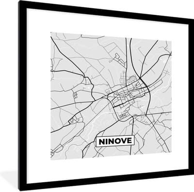 Fotolijst incl. Poster Zwart Wit- Stadskaart – Plattegrond – België – Zwart Wit – Ninove – Kaart - 40x40 cm - Posterlijst