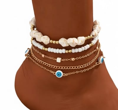 Wit en goudkleurig enkelbandje voor dames – set van 5 kralen enkelkettingen met oog- en steenbedels – verstelbare enkelbandjes – boho strand sieraden