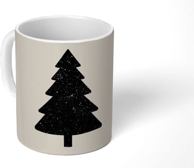 Mok - Koffiemok - Kerstboom - Zwart - Feestdagen - Beige - Mokken - 350 ML - Beker - Koffiemokken - Theemok - Tafeldecoratie Kerstmis - Kerstdecoratie tafel - Tafelversiering