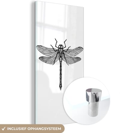 MuchoWow® Glasschilderij 20x40 cm - Schilderij acrylglas - Libelle - Insecten - Retro - Zwart wit - Foto op glas - Schilderijen