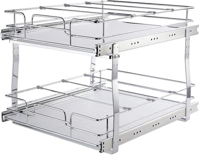 2-laags uittrekbare kastorganizer, 19" B x 20" D, stevige schuifrekken van verchroomd staal voor keuken, badkamer, opslag onder de gootsteen