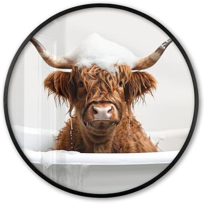 Poster in lijst Rond - Fotolijst 60x60 cm - Posters - Schotse Hooglander - Bad - Koe - Dieren - Schuim - Ronde posterlijst zwart - Decoratie - Wanddecoratie woonkamer - Muurdecoratie slaapkamer