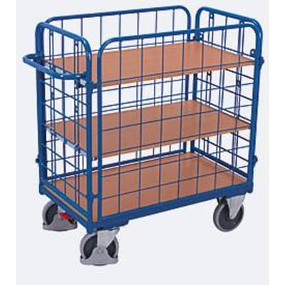 Etagewagen van draadgaas, staal/MDF-plaat, decor gentiaanblauw/beuken, 1 etage, 1000 x 700 mm, lange zijden inhaakbaar, EasySTOP, tot 500 kg