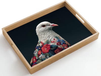 Dienblad hout 50x35 cm - Schootdienblad - Duif - Bloemen - Wit - Zwart - Borrelplank rechthoek - Plateau dienbladen