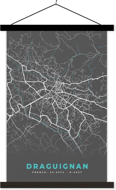 Posterhanger incl. Poster 40x60 cm - Schoolplaat - Draguignan - Kaart - Stadskaart - Kaart - Frankrijk - Textielposter - Zwarte latten