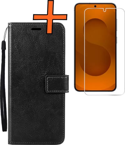 Hoes - Met Screenprotector - Geschikt voor Samsung Galaxy S25 - Luxe Pasjeshouder - Bookcase Portemonee - Flip Case - Kunstleer Book Case - Flipcase - Book Cover - Walletcase - PortemonneeHoes - Zwart