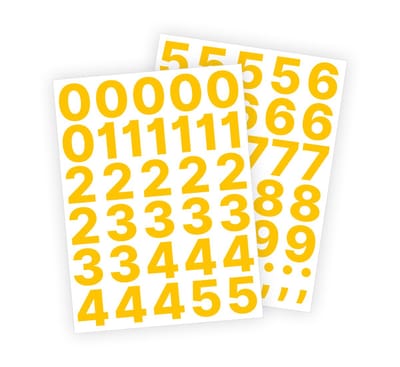 Cijfer stickers / Plaknummers - Stickervellen Set - Geel - 4cm hoog - Geschikt voor binnen en buiten - Standaard lettertype - Glans