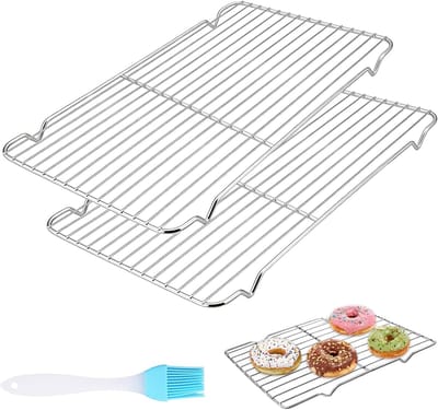 SnelShoppen - 2 Stuks Cake Rooster Koelrooster RVS Dikte Grate voor Bakken, Roosteren, Koelen en Grillen (30 x 20 x 1.5 cm), Inclusief 1 Bakkwast