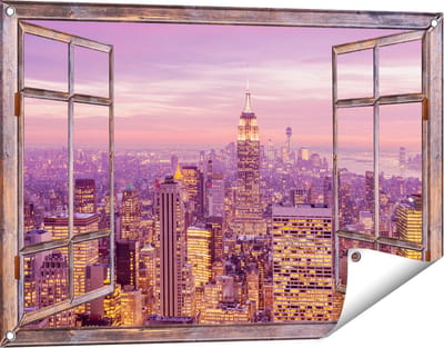 Gards Tuinposter Doorkijk New York Skyline met Lichten bij Zonsondergang - 90x60 cm - Tuindoek - Tuindecoratie - Wanddecoratie buiten - Tuinschilderij