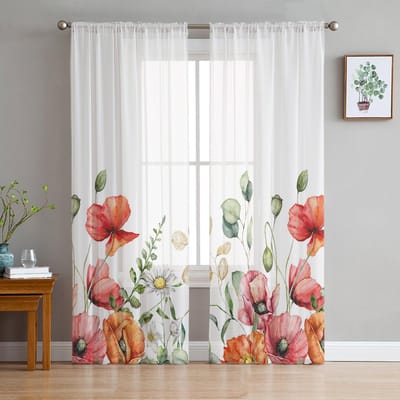 Lente Plant Madeliefje Eucalyptus Papaver Bloem Voile Transparante Gordijnen Woonkamer Raam Tule Gordijn Keuken Slaapkamer Huisdecoratie 135W x 114H(cm)