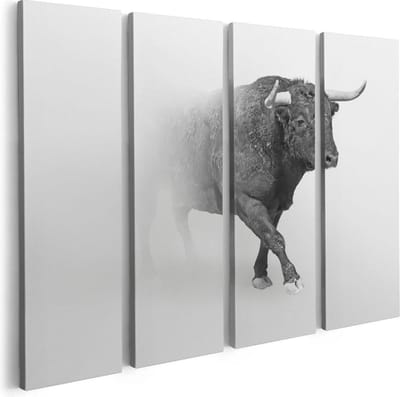 Artaza Canvas Schilderij Vierluik Stier Op Een Grijze Achtergrond - Zwart Wit - 80x60 - Foto Op Canvas - Canvas Print