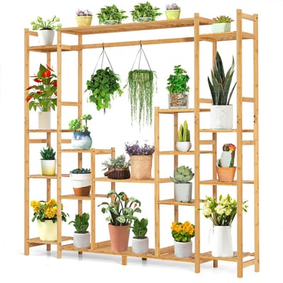 COSTWAY Plantenrek, bamboe, staand rek met 9 niveaus, ruimteverdeler, bloemenrek met hangframe, traprek, plantenstandaard, bamboerek voor badkamer, woonkamer, tuin