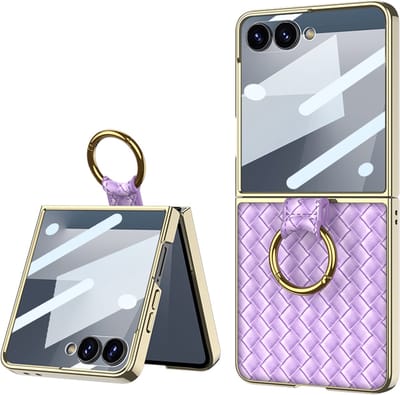 Casemania Hoesje Geschikt voor Samsung Galaxy Z Flip 7 - Bright Lila - Luxe Kunstlederen Backcover met Gevlochten Uitstraling - Backcover Telefoonhoesje met Ingebouwde Tempered Glazen Screenprotector en Ring