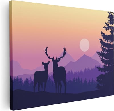 Artaza Canvas Schilderij Herten In Bos - 40x30 cm - Klein - Muurdecoratie Natuur - Wanddecoratie Bergen - Kamer Accessoires Zonsondergang