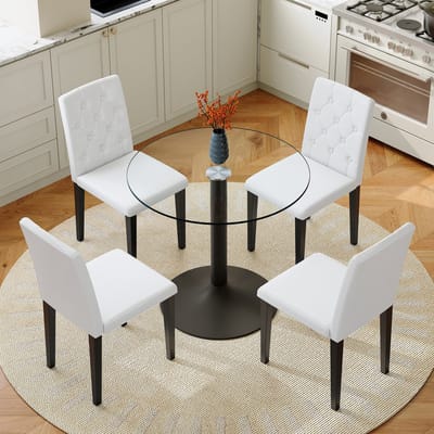 MIVRAY Eettafelset 85 cm - Ronde Glazen Tafel met 4 Eetkamerstoelen - Voor Eethoek en Koffiebar - Metaal PU-Leer