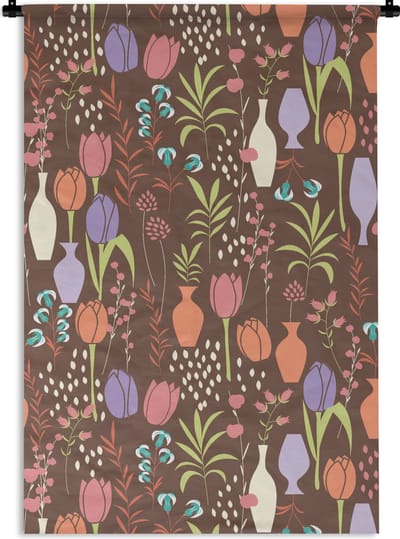 Wandkleed - Wanddoek - Bloemen - Vaas - Patronen - 60x90 cm - Wandtapijt