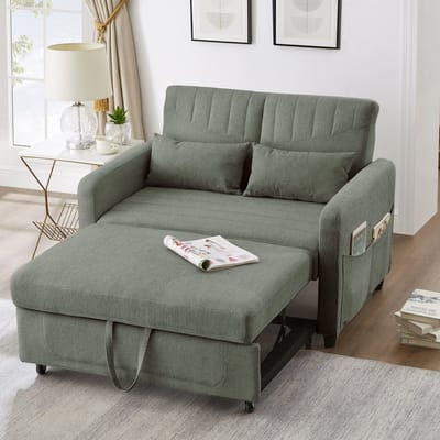 MODFU Slaapbank - Uitschuifbaar - 3-Standen Rugleuning - Modern - Voor Woonkamer - Katoen-Linnen - Legergroen - 166 X 95 Cm