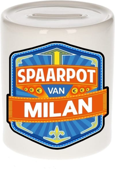 Bellatio Decorations Kinder spaarpot met naam - Milan - keramiek - met dop - wit - Sparen - Spaargeld van Milan