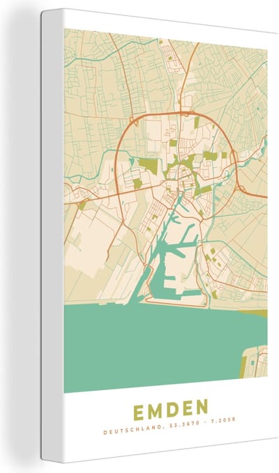 Canvas Schilderij Emden - Plattegrond - Kaart - Stadskaart - Vintage - 20x30 cm - Wanddecoratie