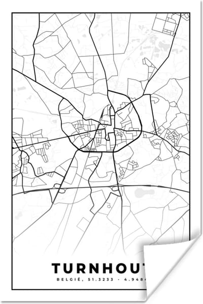 Poster Stadskaart – Zwart Wit - Kaart – Turnhout – België – Plattegrond - 120x180 cm XXL