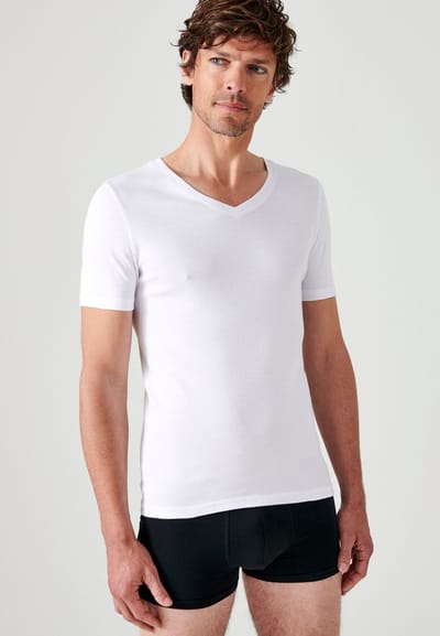 Damart - Set van 2 T-shirts met V-hals en korte mouwen, Essential zuiver gekamd katoen - Heren - Wit - (102-109) L