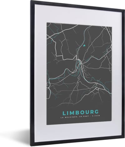 Fotolijst incl. Poster - Plattegrond – Limbourg – Blauw – Stadskaart - Kaart - België - 30x40 cm - Posterlijst