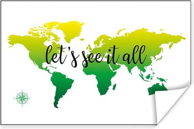 Poster 30x20 cm - Wereldkaart - Groen - Kompas - Posters - Kamer decoratie - Wanddecoratie woonkamer - Muurdecoratie slaapkamer