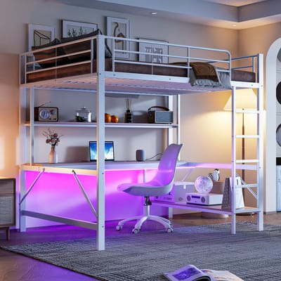 Hoogslaper - 140x200 cm - trapladder - met USB en stopcontact - met LED-verlichting - bureau - zonder matras - wit