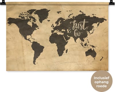Wandkleed WereldkaartenKerst illustraties - Vintage wereldkaart met de quote Just go Wandkleed katoen 60x40 cm - Wandtapijt met foto