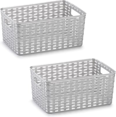 Plasticforte Opbergmand - 2x - Kastmand - rotan kunststof - zilver - 10 Liter - 22 x 33 x 16 cm