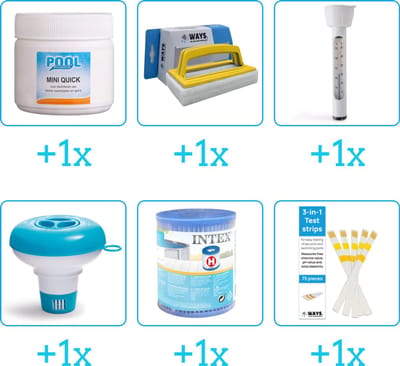 Zwembad Onderhoudspakket - Onderhoud Zwembad - bevat Chloor - Scrubborstel - Thermometer - Chloordrijver - Filter en Testrips (6-delig)
