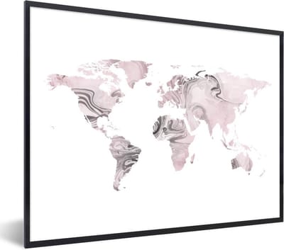 Poster in lijst - Fotolijst 80x60 cm - Posters - Wereldkaart - Verf - Roze - Posterlijst zwart - Decoratie - Wanddecoratie woonkamer - Muurdecoratie slaapkamer