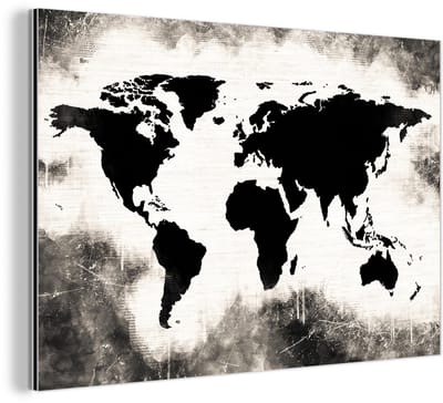 Aluminium schilderij 150x100 cm - Wanddecoratie metaal - Wereldkaart - Zwart - Wit - Hout - Metalen muurdecoratie woonkamer - Decoratie industrieel - Foto op dibond - Industriële accessoires slaapkamer