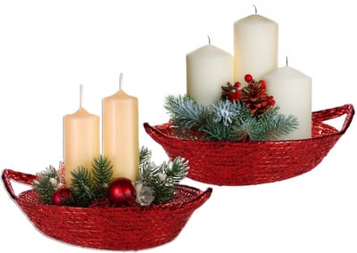 Krist+ Kerst mandje - 2x - kerststukje maken - metallic rood - 26 x 22 x 8 cm - zeegras