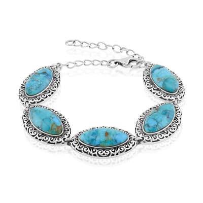 Cavill - Boho Stijl Armband - 925 Sterling Zilver Geoxideerd - 12,22 ct Blauwe Kingman Mohave Turkoois - Marquise Cabochon - Verstelbaar Dames Sieraad