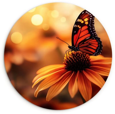 WallCircle® Wandcirkel 120x120 cm - Muurcirkel Vlinder - Bloemen - Oranje - Muurdecoratie woonkamer - Wanddecoratie slaapkamer - Kamer decoratie accessoires - Ronde schilderijen XXL